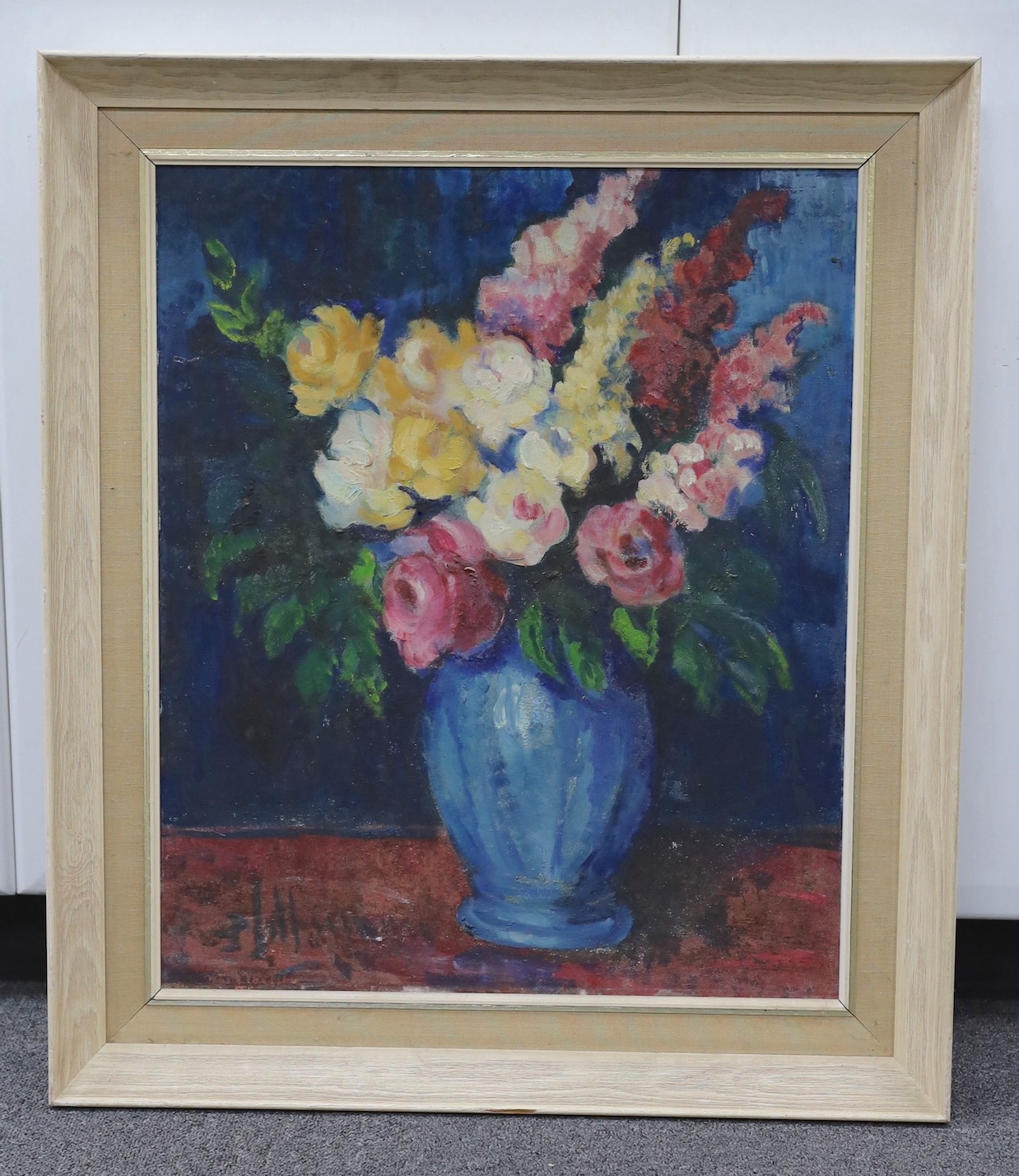 Modern British, oil on board, Still life of flowers in a vase, Harrods label verso, 60 x 50cm